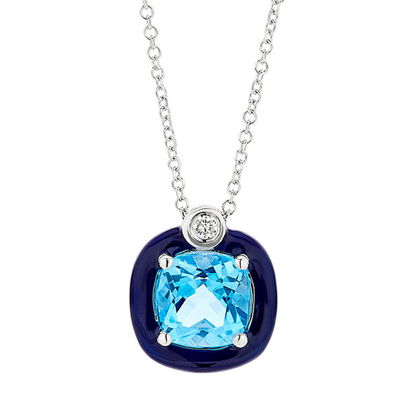 Diamond & Cushion Swiss Blue Topaz Necklace in 18K White Gold & Enamel