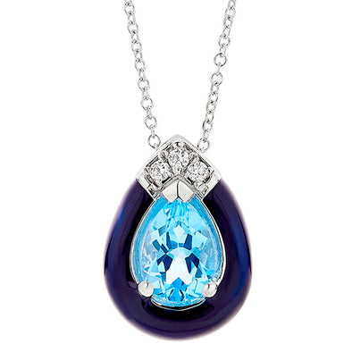 Diamond & Pear Swiss Blue Topaz Necklace in 18K White Gold & Enamel