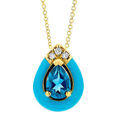 Diamond & Pear London Blue Topaz Necklace in 18K Yellow Gold & Enamel
