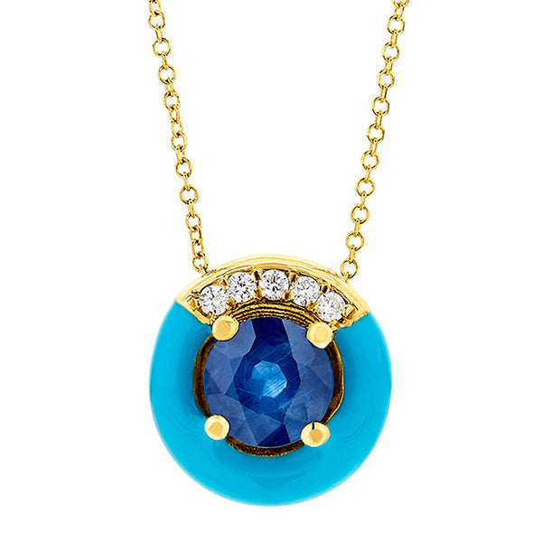 Diamond & Blue Sapphire Necklace in 18K Yellow Gold & Enamel