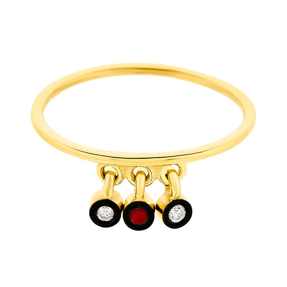 Three Charms Diamond Ring in 18K Yellow Gold & Enamel