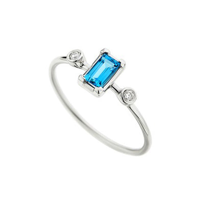 Diamond & Baguette Swiss Blue Topaz Solitaire Ring in 18K White Gold