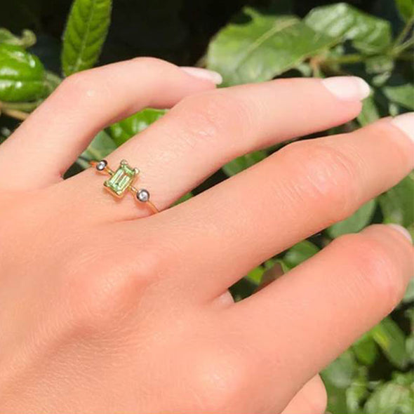 Diamond & Baguette Peridot Solitaire Ring in 18K Yellow Gold