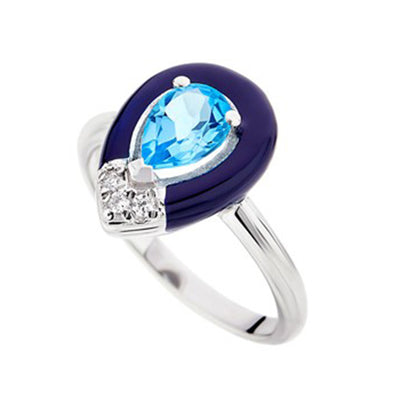 Diamond & Pear Swiss Blue Topaz Solitaire Ring in 18K White Gold & Enamel