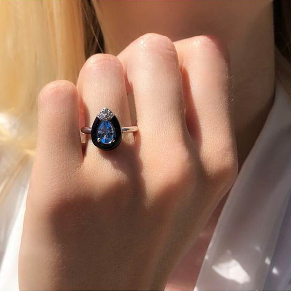 Diamond & Pear Swiss Blue Topaz Solitaire Ring in 18K White Gold & Enamel