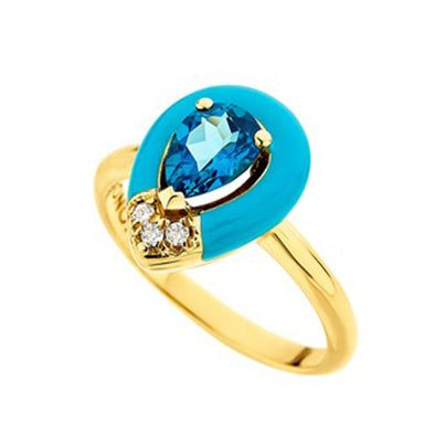 Diamond & Pear London Blue Topaz Solitaire Ring in 18K Yellow Gold & Enamel