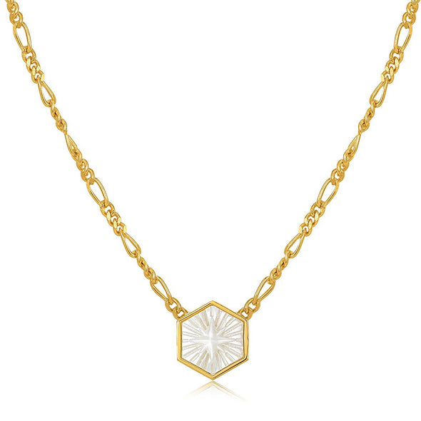 Compass Emblem Sterling Silver Figaro Chain Necklace plated in 14K Gold