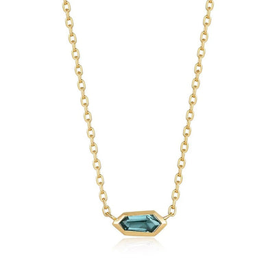 Teal Sparkle Emblem Sterling Silver Chain Necklace plated in 14K Gold