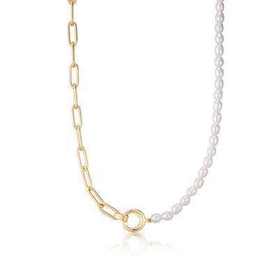 Pearl Sterling Silver Chunky Link Chain Necklace plated in 14K Gold