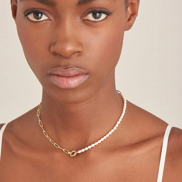 Pearl Sterling Silver Chunky Link Chain Necklace plated in 14K Gold