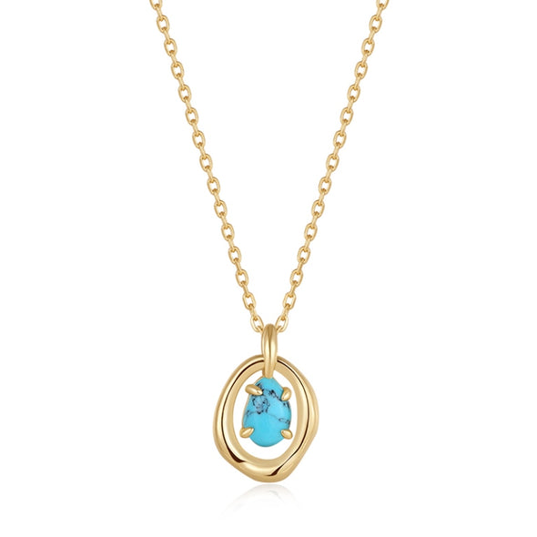 Turquoise Wave Circle Sterling Silver Pendant Necklace plated in 14K Gold