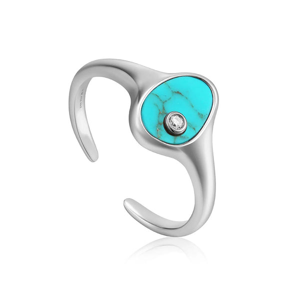 Tidal Turquoise Sterling Silver Adjustable Signet Ring plated in Rhodium