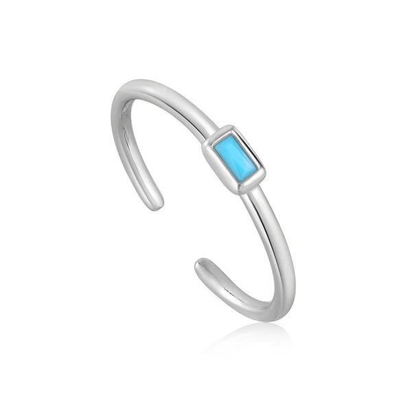 Turquoise Sterling Silver Band Adjustable Ring plated in Rhodium