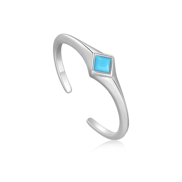 Turquoise Mini Signet Sterling Silver Adjustable Ring plated in Rhodium