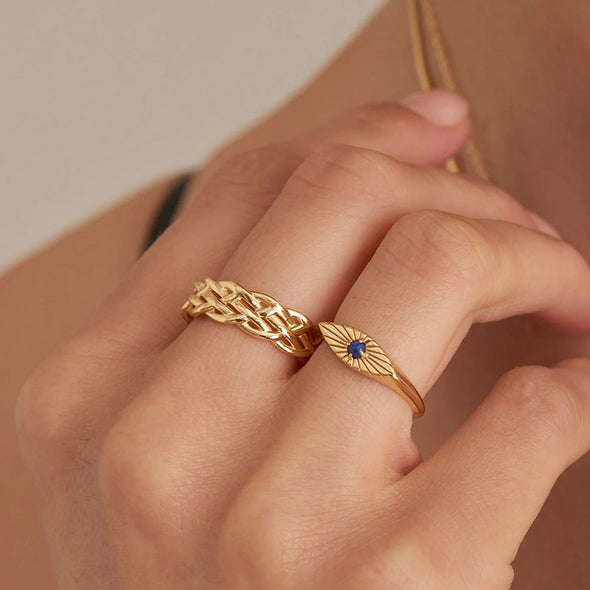 Lapis Evil Eye Sterling Silver Adjustable Ring plated in 14K Gold