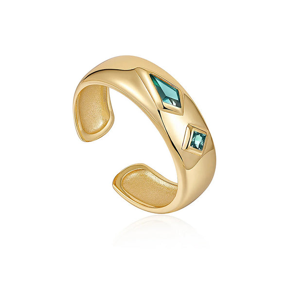 Teal Sparkle Emblem Sterling Silver Thick Band Adjustable Ring plated in 14K Gold