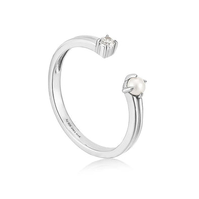 Pearl Sparkle Sterling Silver Adjustable Ring plated in Rhodium