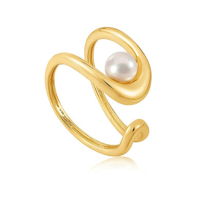 Pearl Sculpted Sterling Silver Adjustable Ring plated in 14K Gold