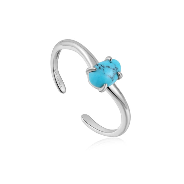 Turquoise Wave Sterling Silver Adjustable Ring plated in Rhodium