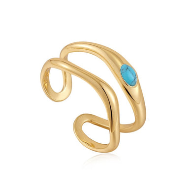 Turquoise Wave Sterling Silver Double Band Adjustable Ring plated in 14K Gold