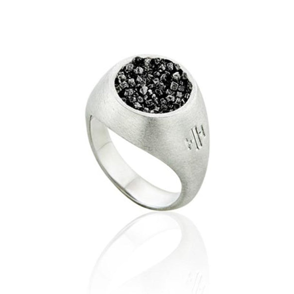 Medium Chevalier Sterling Silver Ring with Black Diamonds plated in Platinum (No 48)