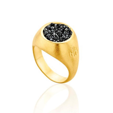 Medium Chevalier Sterling Silver Ring with Black Diamonds plated in 18K Gold (No 56)