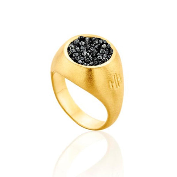 Medium Chevalier Sterling Silver Ring with Black Diamonds plated in 18K Gold (No 56)