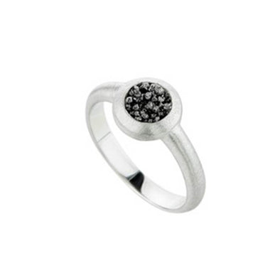 Small Circle Sterling Silver Ring with Black Diamonds plated in Platinum (No 52)