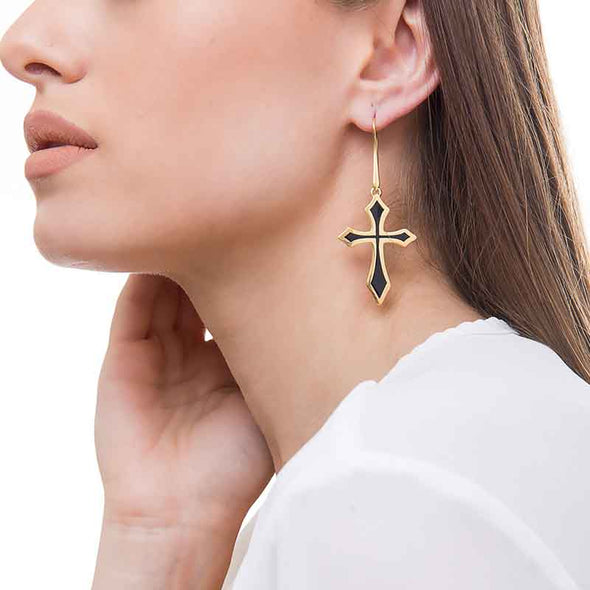 Cross Earrings plated in Gold or Rhodium with Enamel