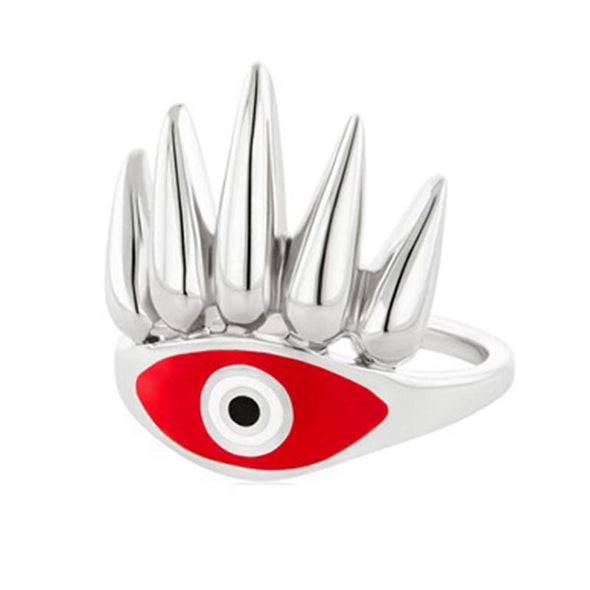 Eye of the Sun Sterling Silver Ring plated in Platinum with Red Enamel (No 54)