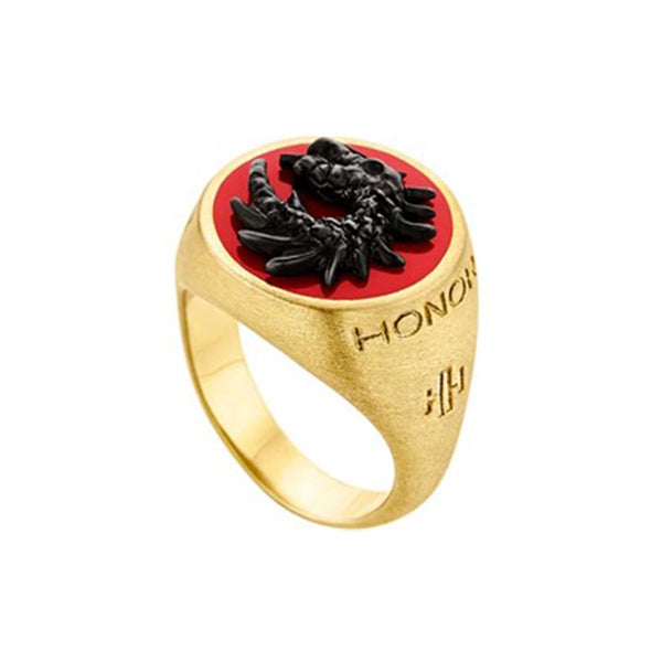 Dragon Chevalier Sterling Silver Ring plated in 18K Gold with Red Enamel (No 54)