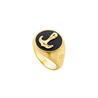 Δαχτυλίδι Anchor Chevalier σε Ασήμι 925 με επιμετάλλωση σε Χρυσό 18Κ και Μαύρο Σμάλτο (Νο 55)