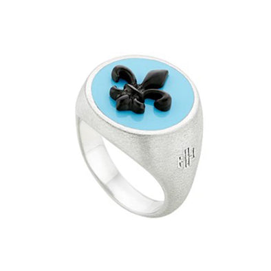 Fleur de Lis Chevalier Sterling Silver Ring plated in Platinum with Turquoise Enamel (No 55)